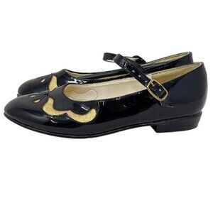 Pretty Please Black & Gold Mary Jane Flats With Adjustable Strap & Low Heel For